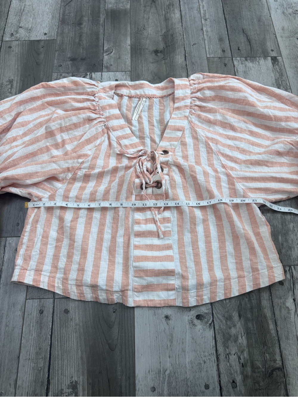 Anthropologie Linen Dolman Striped Lace-Up Peasant Blouse Light Blush & Cream - Picture 6 of 7